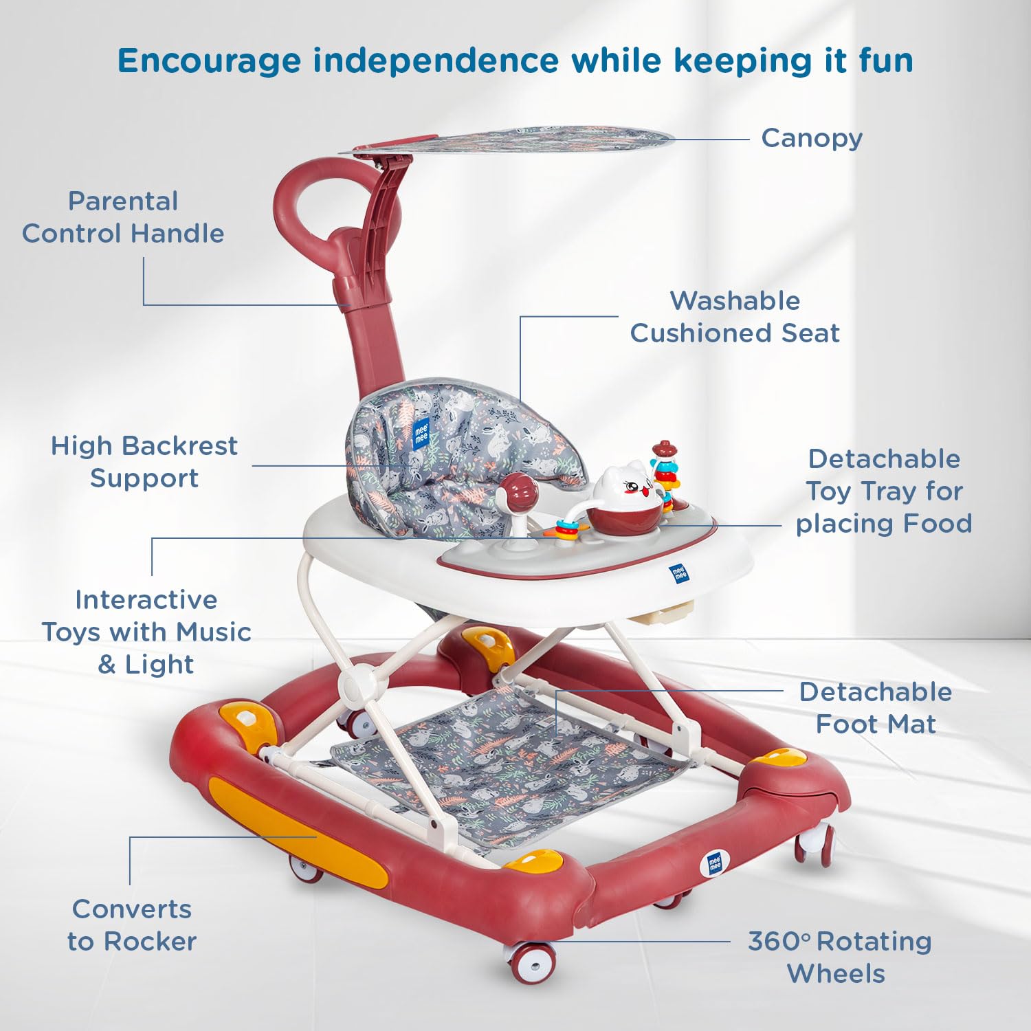 Baby walker with features labeled on a white background